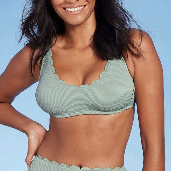 Kona Sol Size Medium Bikini Swimsuit Top Scalloped Pique Scoop Neck Solid Mint - Picture 1 of 8